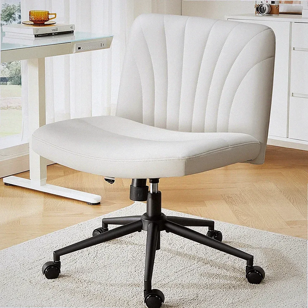 Beige Criss Cross Swivel Chair with Wheels - Armless Adjustable Office Chair