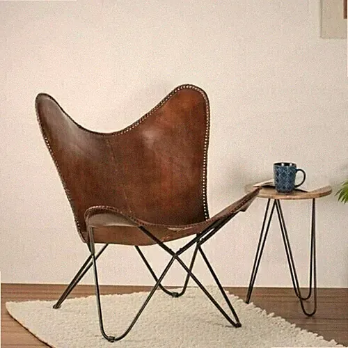Brown Leather Butterfly Chair Genuine Vintage With Iron Openable Stand