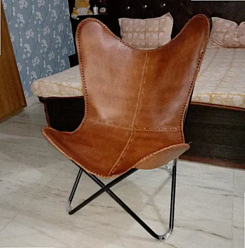 Butterfly Chair Leather Living Room Brown Accent Lounge Vintage With Stand
