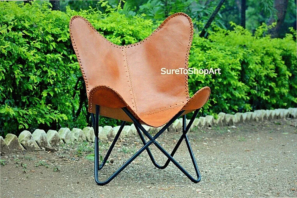 Butterfly New Living Handmade Chair Leather Room Vintage Lounge Brown With Stand