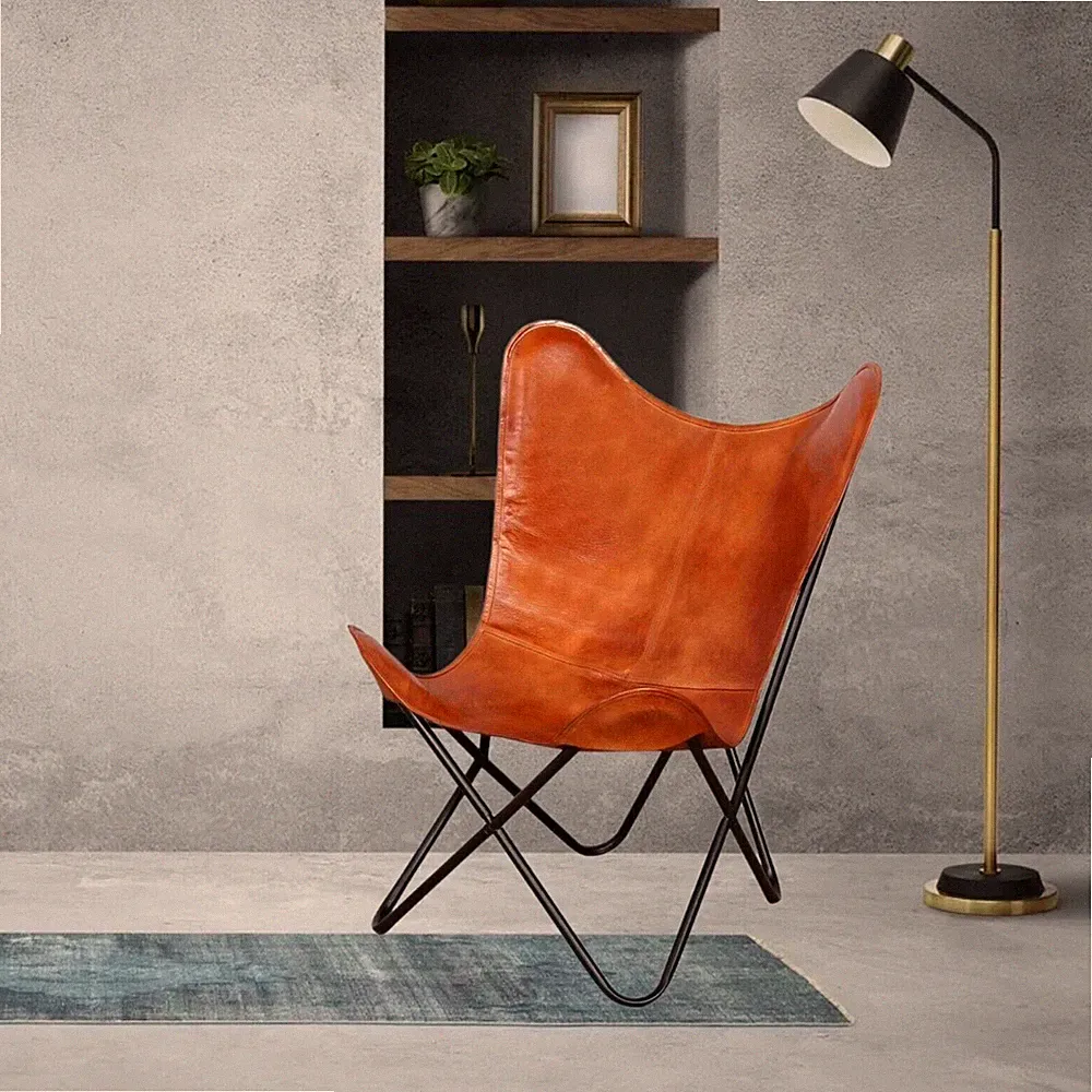 Chair Leather Butterfly Accent Room Living Vintage Handmade Lounge With Stand