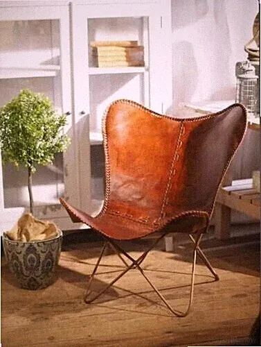 Chair Leather Butterfly Brown Folding Lounge Accent Handmade With Frame Room