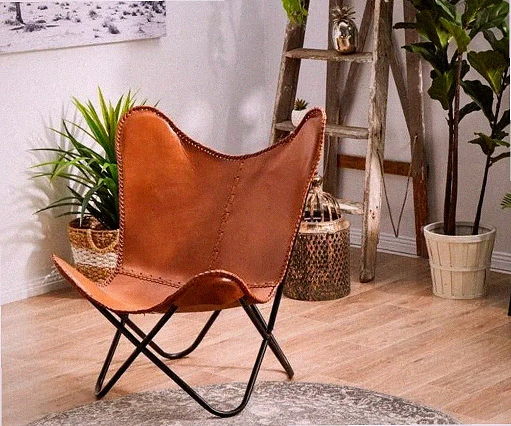 Chair Leather Butterfly Handmade Lounge Relax Stand Accent Home Brown With Stand