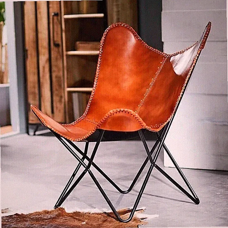 Chair Leather Butterfly New Living Room Vintage Handmade Lounge Brown With Stand