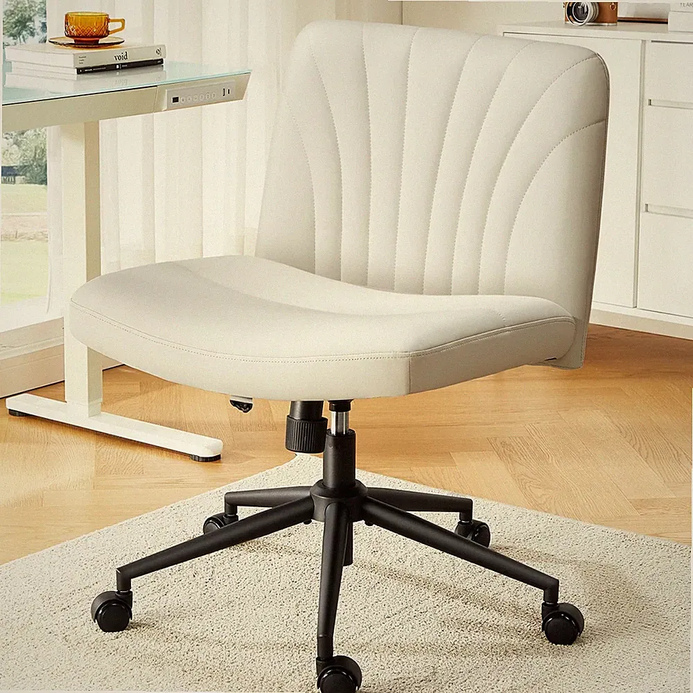 Criss Cross Chair with Wheels: PU Leather Cross Legged Office Chair Wide Arml...