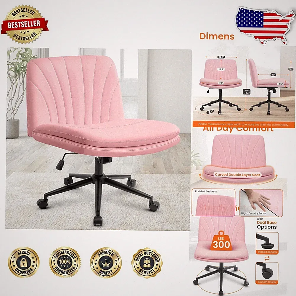 Ergonomic Pink Faux Leather Swivel Chair, Criss Cross Vanity Desk, 30° Recline