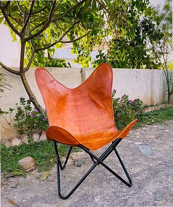 Genuine Butterfly Leather Chair Brown Handmade Classic With Foldable Iron Frame