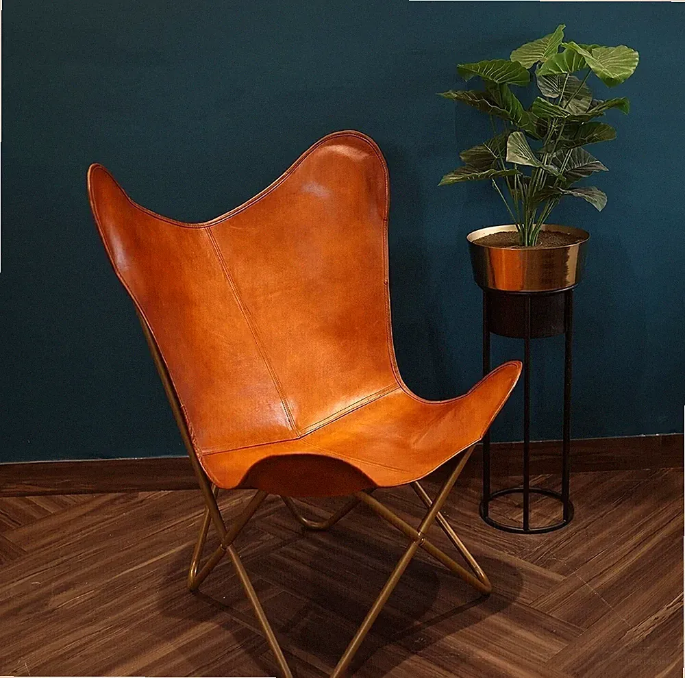 Handmade Butterfly Chair Top Quality Brown Leather With Foldable Iron Stand