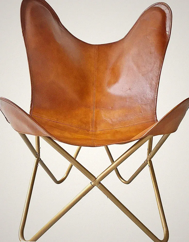 Handstich New Butterfly Chair Brown Leather With Foldable Iron Stand