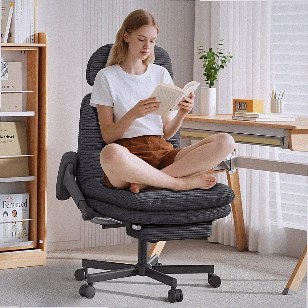 Office Chair with Footrest & Headrest, Cross-Legged Desk Chair Flip-UpArms Black