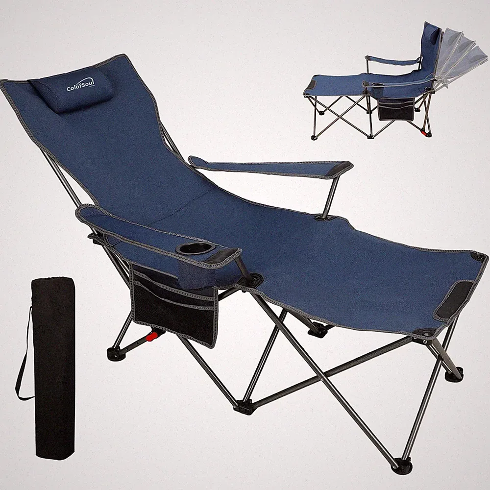 Reclining Camping Chair w/Foot Rest, Adjustable 90°- 135° Lounge Beach Chair...