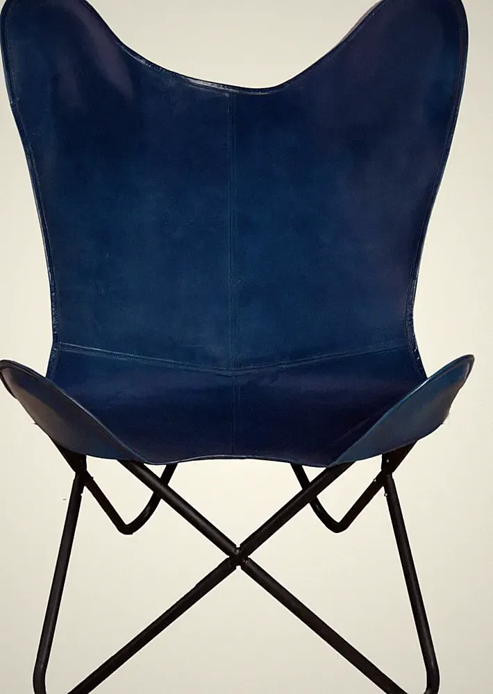 Relaxing Chair With Iron Stand Blue Leather Butterfly Comfortable Arm chair