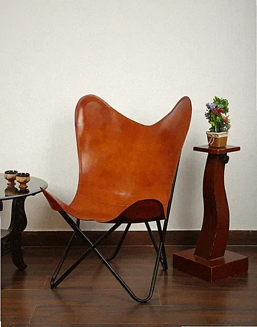 Vintage Brown Home Lounge Genuine Relaxing Chair Butterfly Leather With Stand